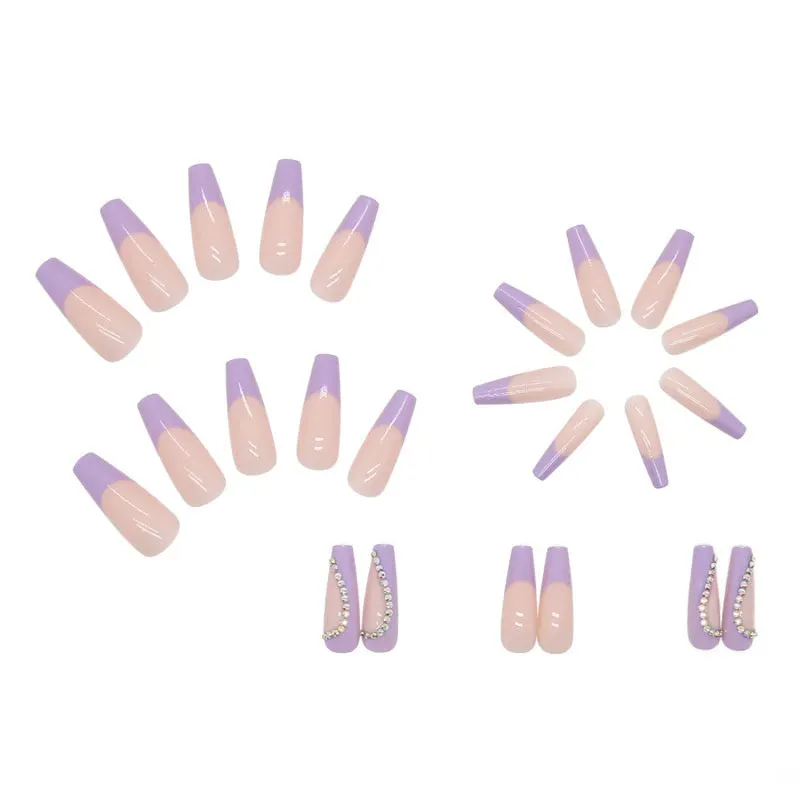 24pcs/set Coffin Fake Nails Long Rhinestone Heart Decals Purple French False Nails Beauty Bride Ballerina Nail Art Full Tips-Nail Inspo