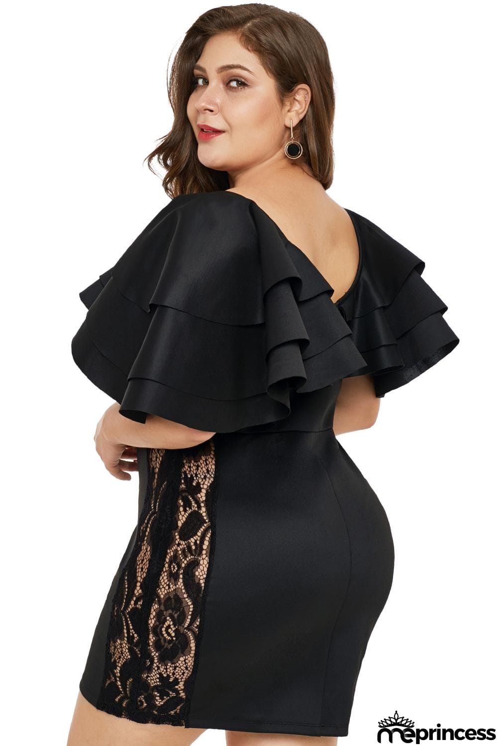 Cascading Shoulder Lace Insert Plus Size Dress