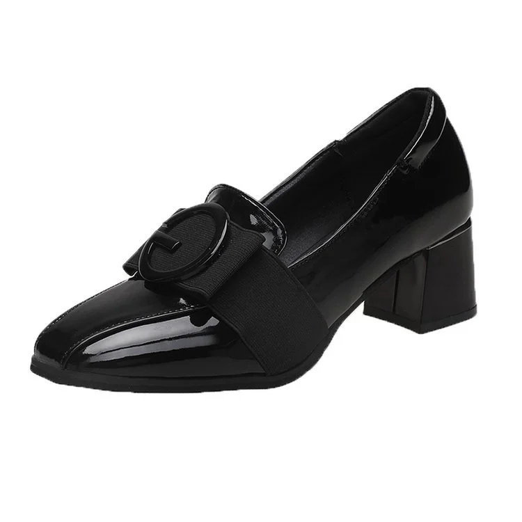 Wongn Wongn Women's Shoes Fashion Spell Color Square Head Patent Leather Small Leather Shoes Thick Heel Single Shoe Middle Heel Women's Shoes Work Shoes