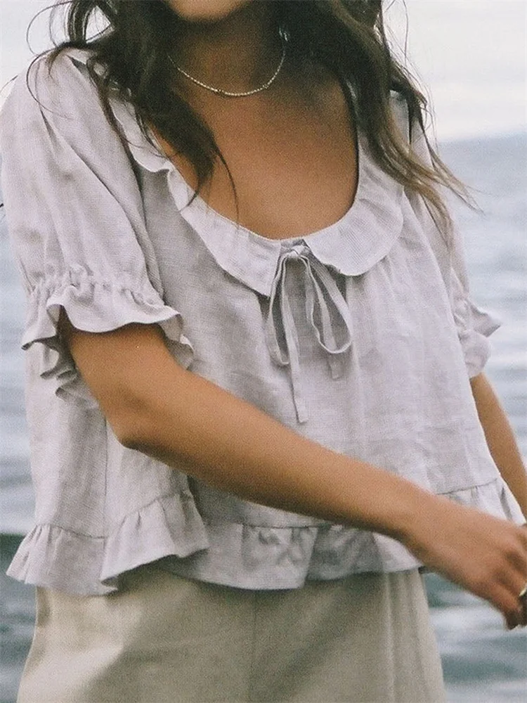Vintage Ruffle Hem Laced Linen Blend Blouse