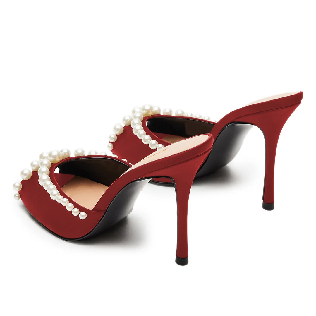 Satin Sophisticated Pearl Embellished Stiletto Heel Mules in Maroon