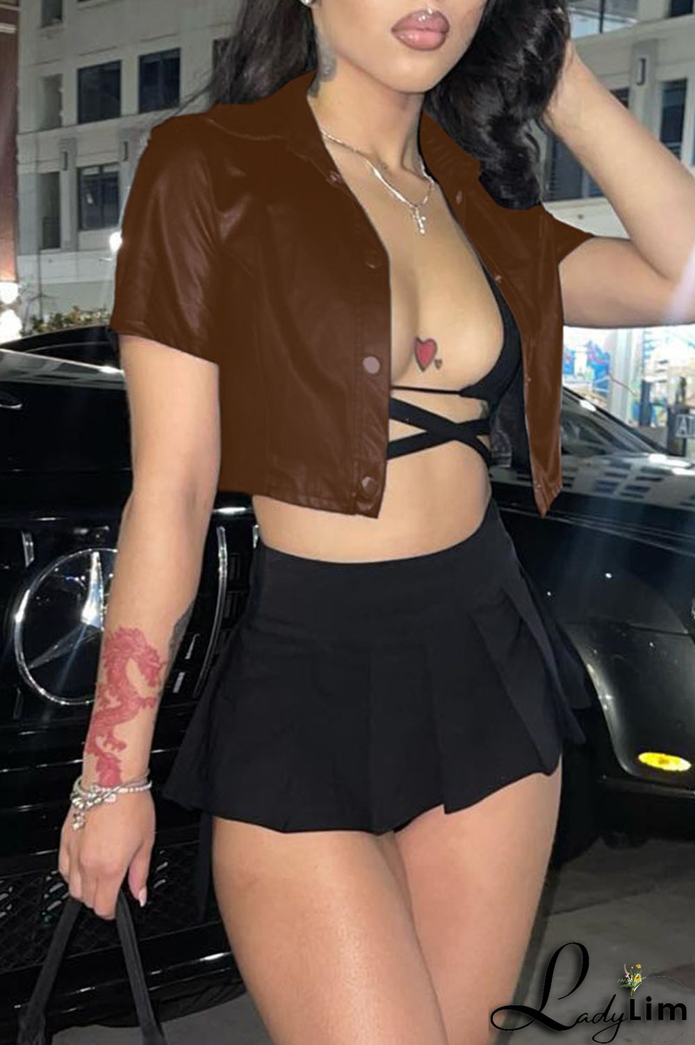 Black Sexy Street Solid Patchwork Buckle Turndown Collar Outerwear