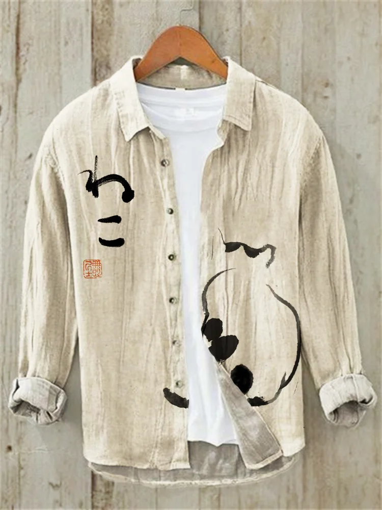 Comstylish Japanese Art Cat Print Linen Long Sleeve Shirt