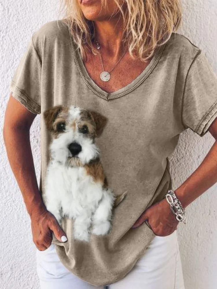 Simpfit Flauschiges, rauhaariges Jack-Russell-Hunde-T-Shirt mit V-Ausschnitt