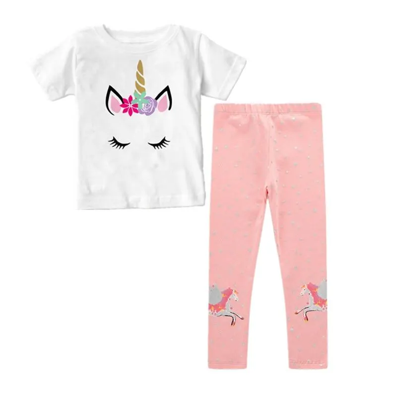 Two Pieces Kids Children Girls Clothes Set Little Girl Summer Cartoon Print T Shirt and Pants Leggings Outfits Clothing 2pcs