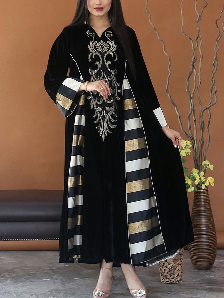 Color stripe black velvet kaftan dress