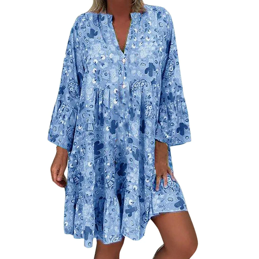Plus Size Dress Women 5XL Loose Floral Print Long Sleeve V-Collar Button Party Mini Dresses Elegant Vestidos De Festa 2021