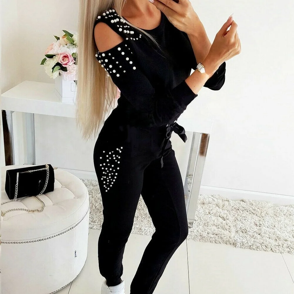 tlbang Women's Casual 2 Piece Outfits Hollow Out Design Beading Decor O-Neck Long/Short Sleeve Solid Top+Drawstring Slim Pencil Pants