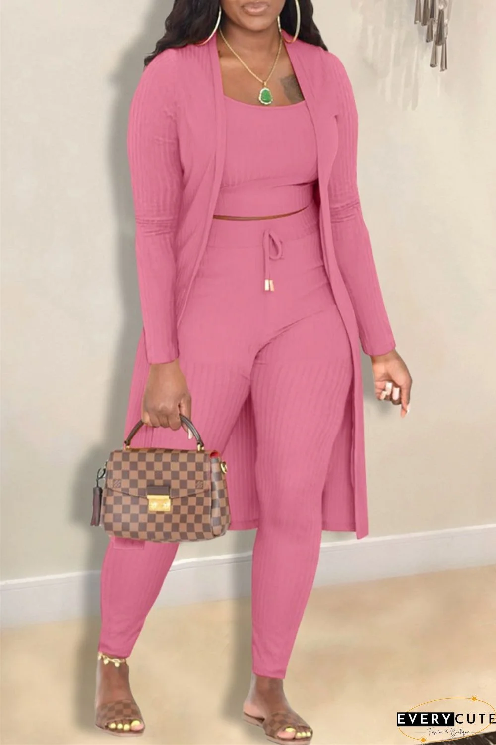 Casual Solid Cardigan Vests Pants Long Sleeve Three Piece Set