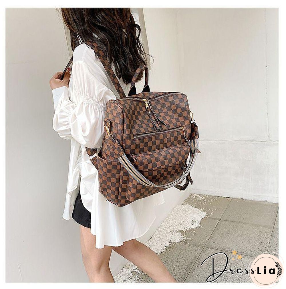 Retro Faux Leather Check Pattern Print Rucksack Vegan Backpack Tote