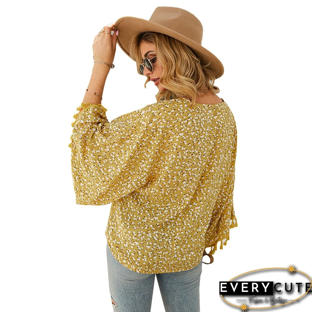 Yellow Polka Dot Tasseled Sleeve Blouse Top