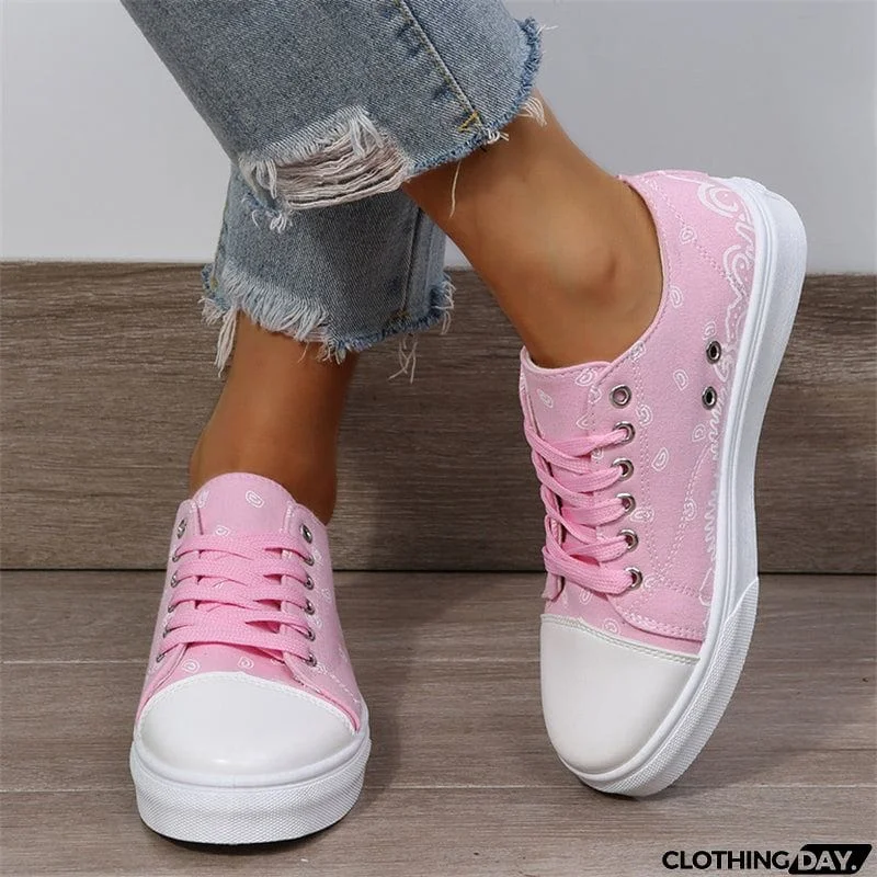 Cute Round Toe Lace Up Cartoon Print Canvas Loafers for Women