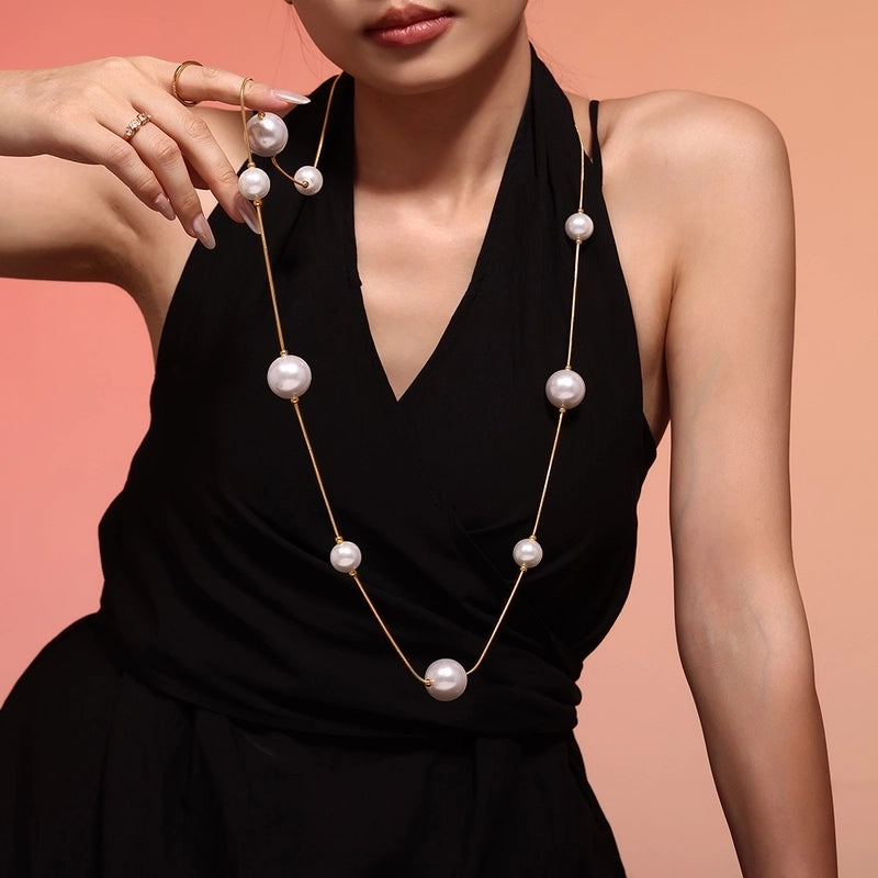 Europe And America Geometric Highlight Shell Pearls Sweater Chain Stainless Steel 18K Gold Plated PVD Long Sweater Accessories