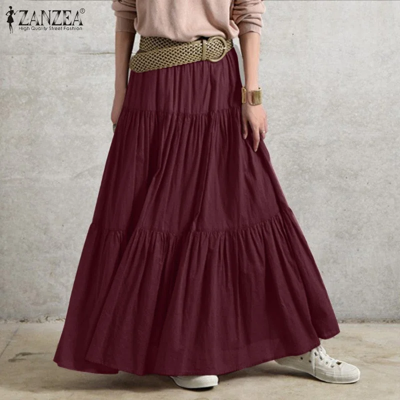 ZANZEA Stylish Women Spring Skirts Vintage Elastic Waist Faldas Saia Female Ruffles Maxi Sundress Casual Jupe Solid Long Skirt