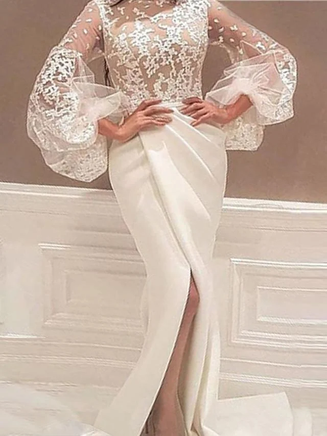 Women's Sheath Dress Maxi long Dress White Long Sleeve Solid Color Split Mesh Lace Fall Turtleneck Sexy Party Flare Cuff Sleeve Slim White Dresses