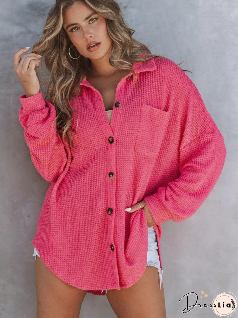 Pink Waffle Textured Button Down Blouse
