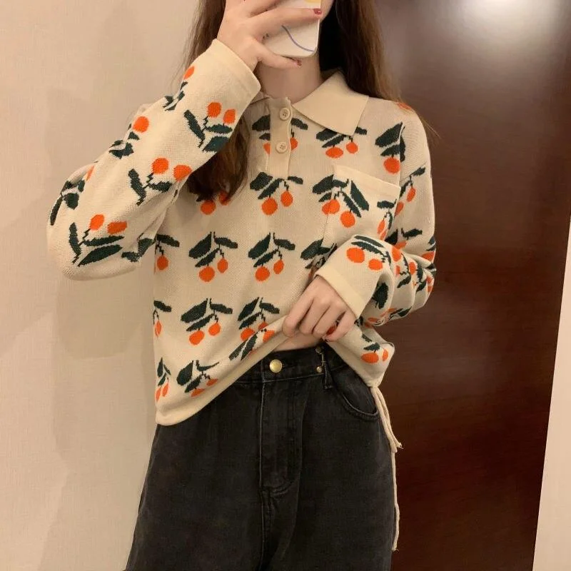Korean Style Polo Collar Small Orange Print Sweater Women's Long Sleeve Loose Kpop Sweatshirt sudadera mujer Pullover