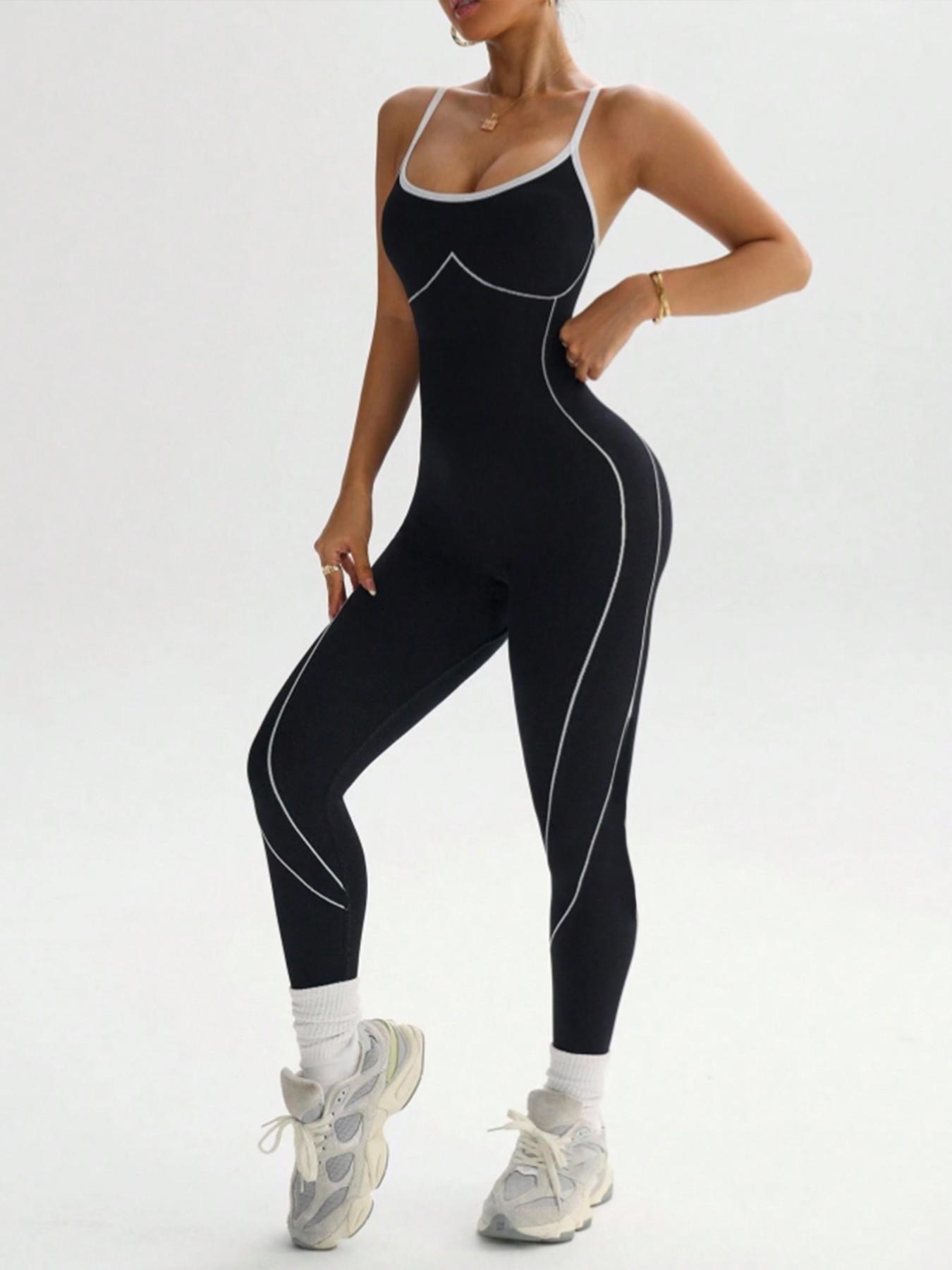 Women's Seamless High Stretch Knit Halter Sporty Jumpsuit Tight Fit Nine-Quarter Pants, Back Cross Shoulder Straps, Outdoor Cycling Gym Yoga Daily Wear