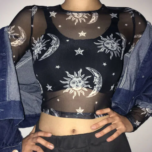 Ueong Ueong Summer Hot Style Women's New Moon Printed Mesh Perspective T-Shirt Short Jacket