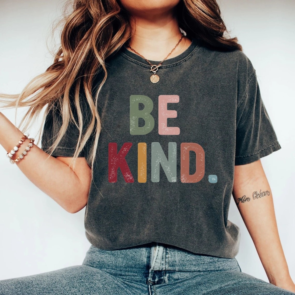 Women's Be Kind Print Vintage Acid Washed Oversize T-Shirt 100% Cotton | ARKGET