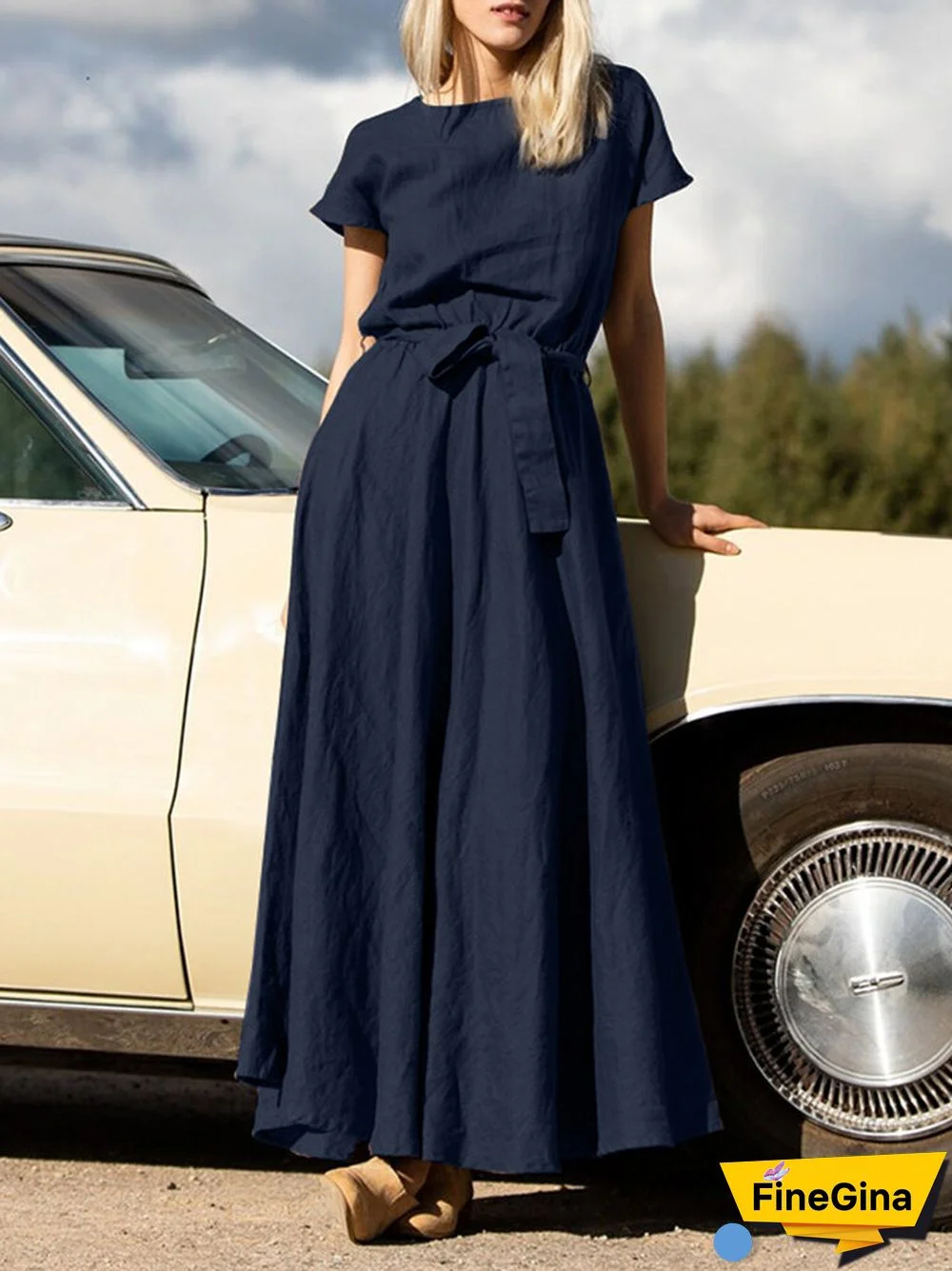 Solid Pocket Swing Short Sleeve Maxi Dress With Belt