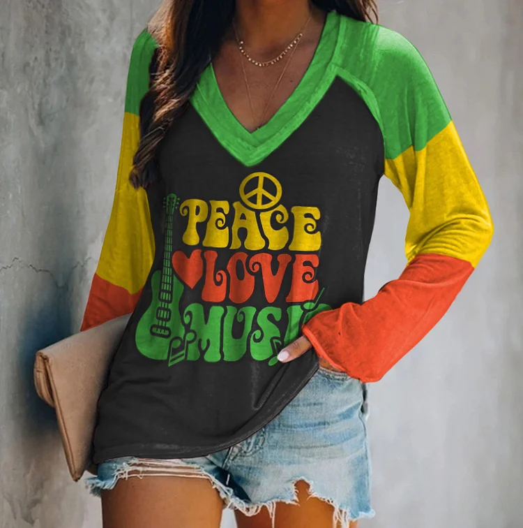 Peace Love Music Print Casual Long Sleeve T-Shirt
