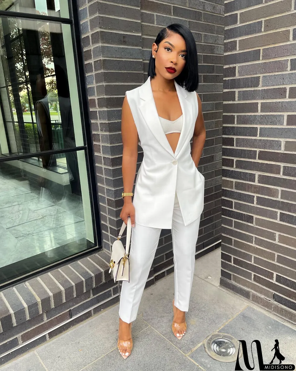 MidiSono - Solid Sleeveless Split Blazer Two Piece Sets