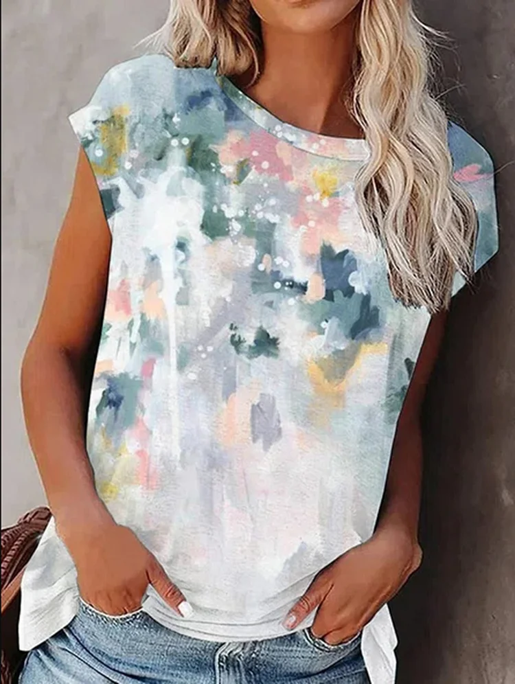 Waterdrop Floral Print Crew Neck Short Sleeve Loose T-Shirt Top