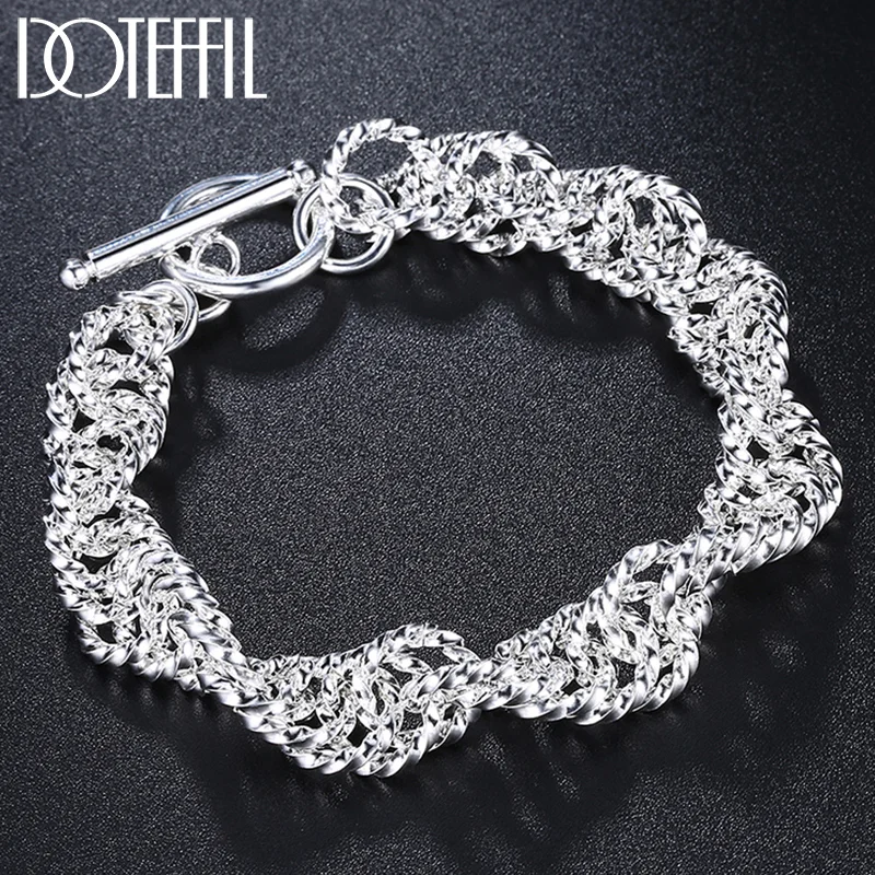 DOTEFFIL 925 Sterling Silver Water Wave Circle Chain Bracelet For Woman Jewelry