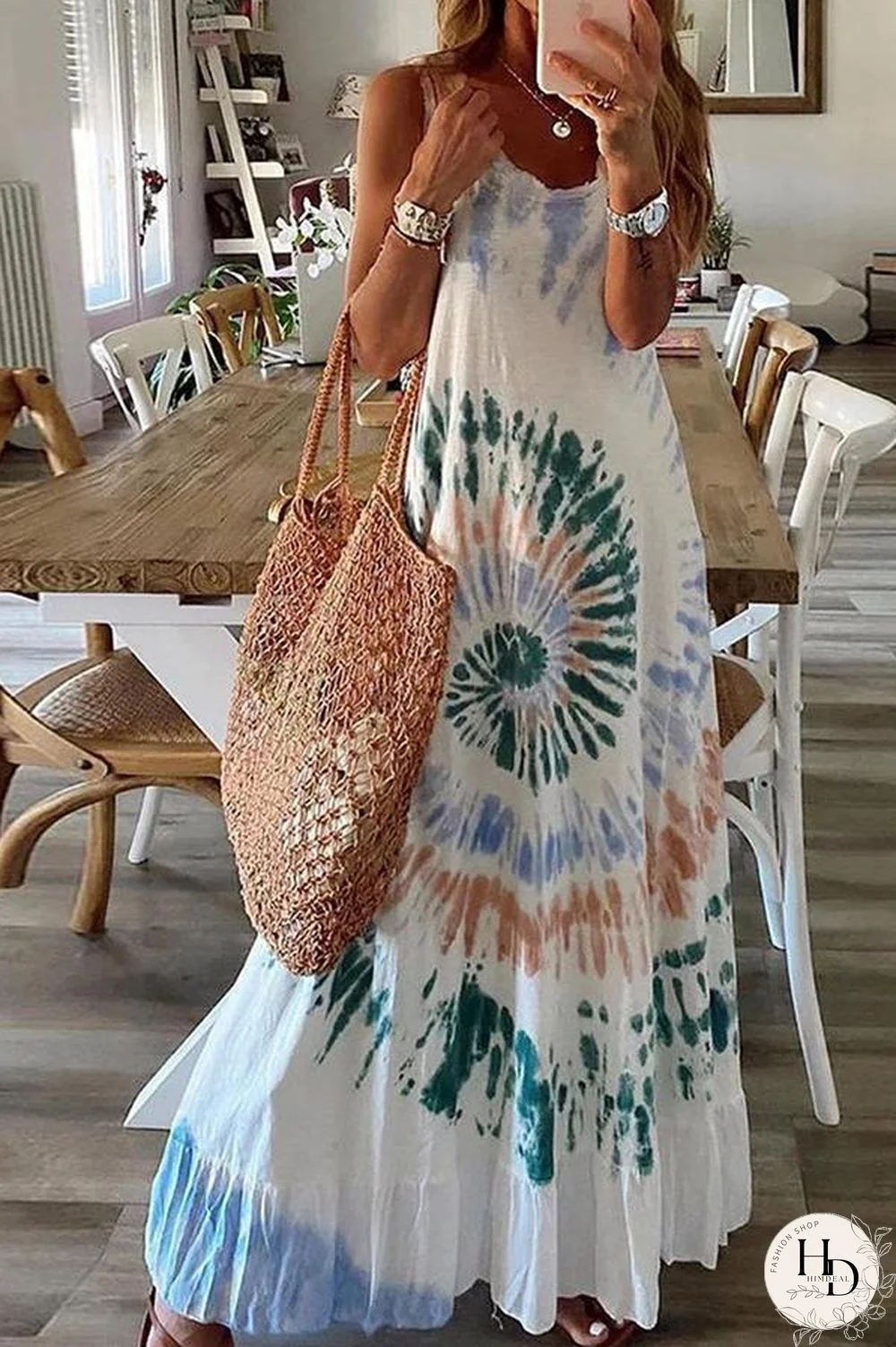 Tie-dye Sleeveless Flared Long Dress P15999