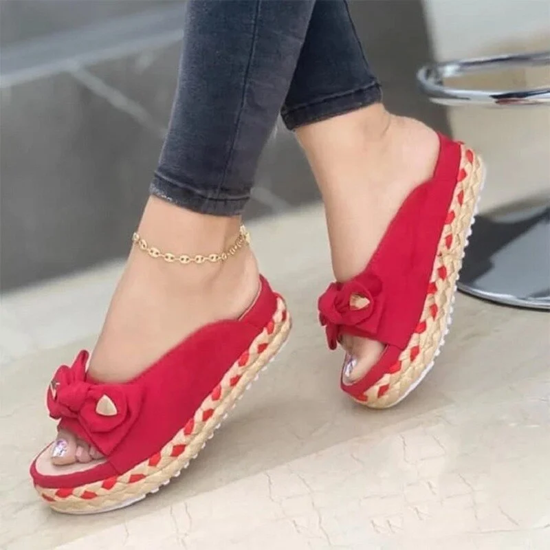 Qengg Women Woven Thick Sole Slippers Soft Stitching Ladies Sandals Comfortable Flat Sandals Women Open Toe Beach Shoes Woman Footwear