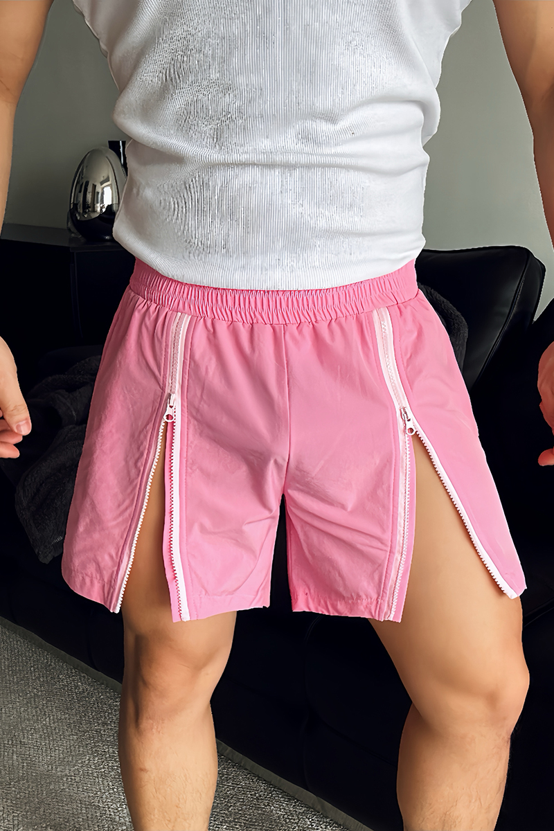 Zip-Up Slit Elastic Waist Casual Pink Shorts [Pre-Order]