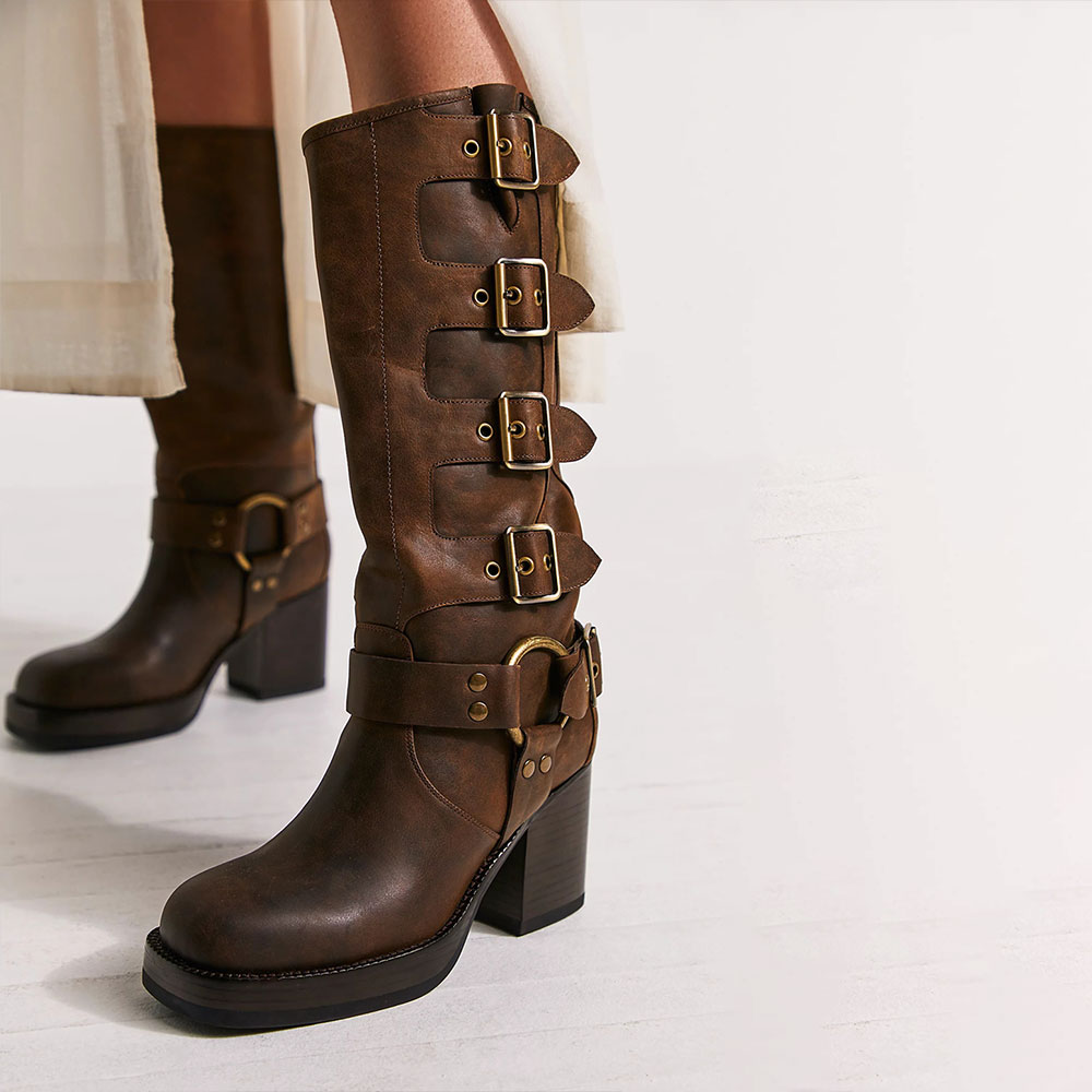 Brown Vegan Leather Buckle Strap Platform Block Heel Cowgirl Boots Nicepairs