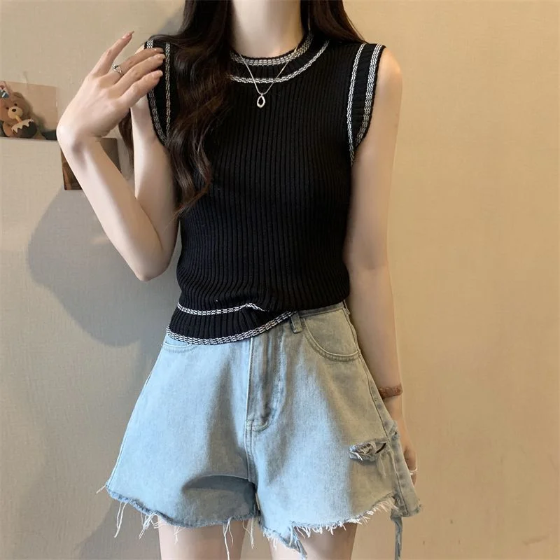 Uveng Uveng And Spicy Short Black Sexy Vest Women's Summer New Casual Round-Neck T-Shirt Thin Sleeveless Top