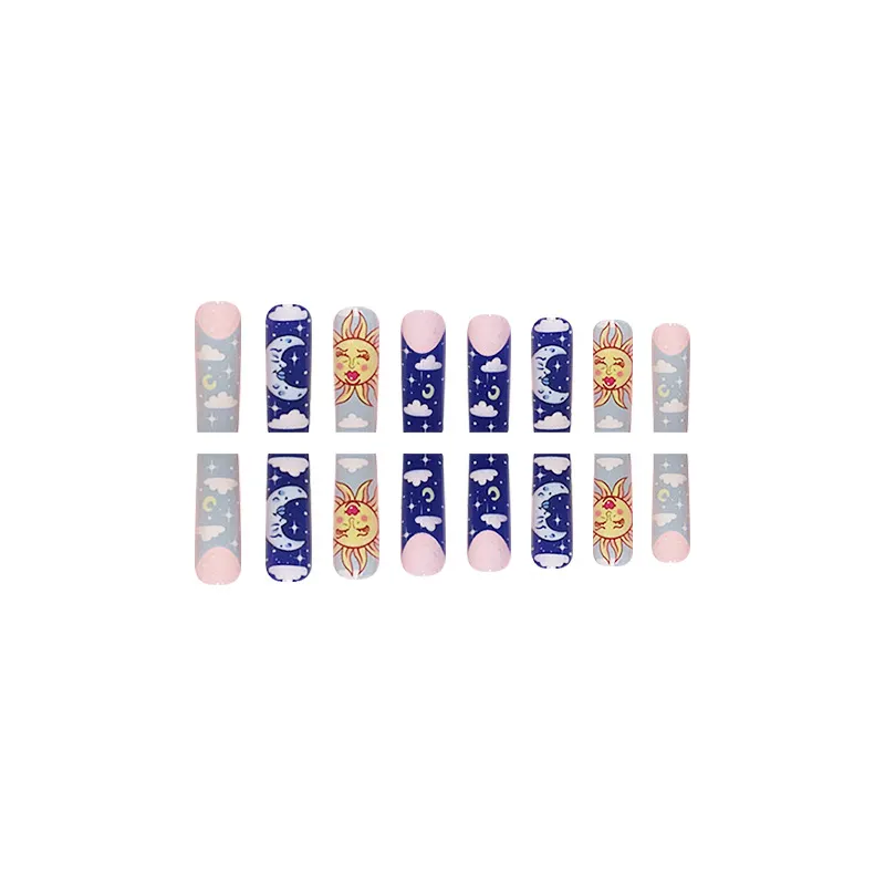 Churchf Ballet Nail Blue Sun Moon French Fake Nails Light Pink Fairy Ins Wind Nail Piece Removable