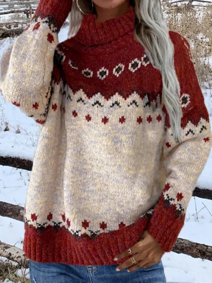 Vintage Turtleneck Pullover Long Sleeve Jacquard Sweater