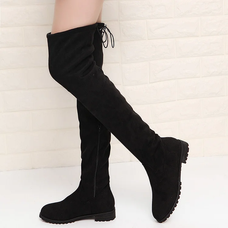 Casual Flat Knee Zipper Rear Lace Fluffy High Boots
