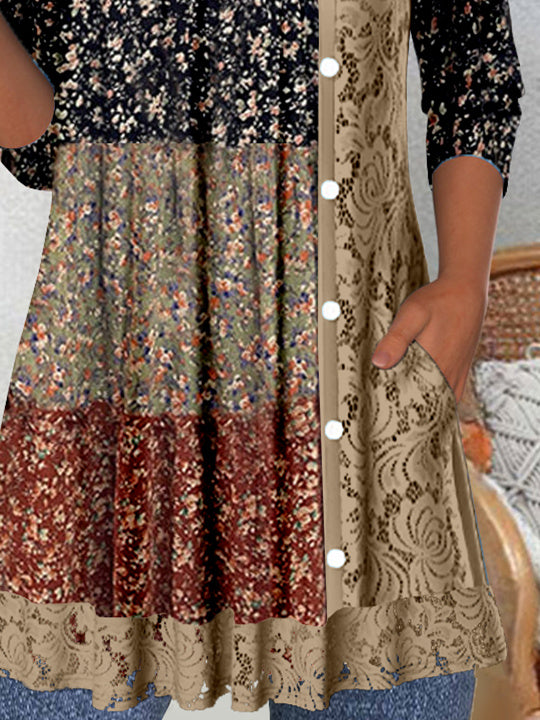 Women's Long Sleeve Scoop Neck Graphic Lace Buttons Top