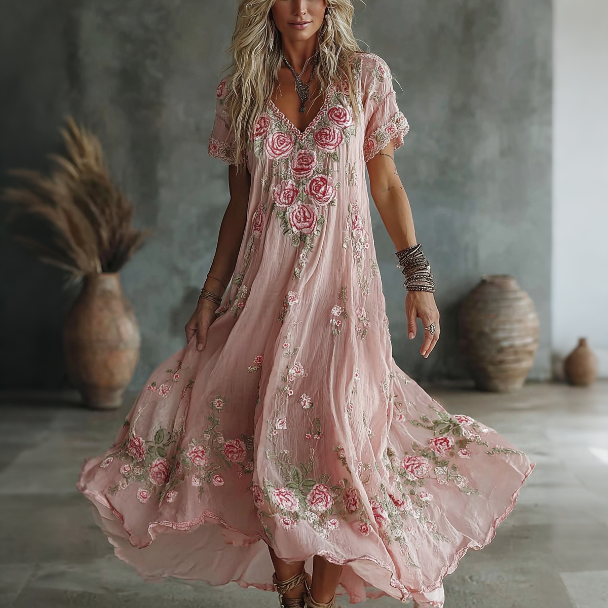 Retro Rose And Floral Printed Pattern Short Sleeve Maxi Dress elevenforest