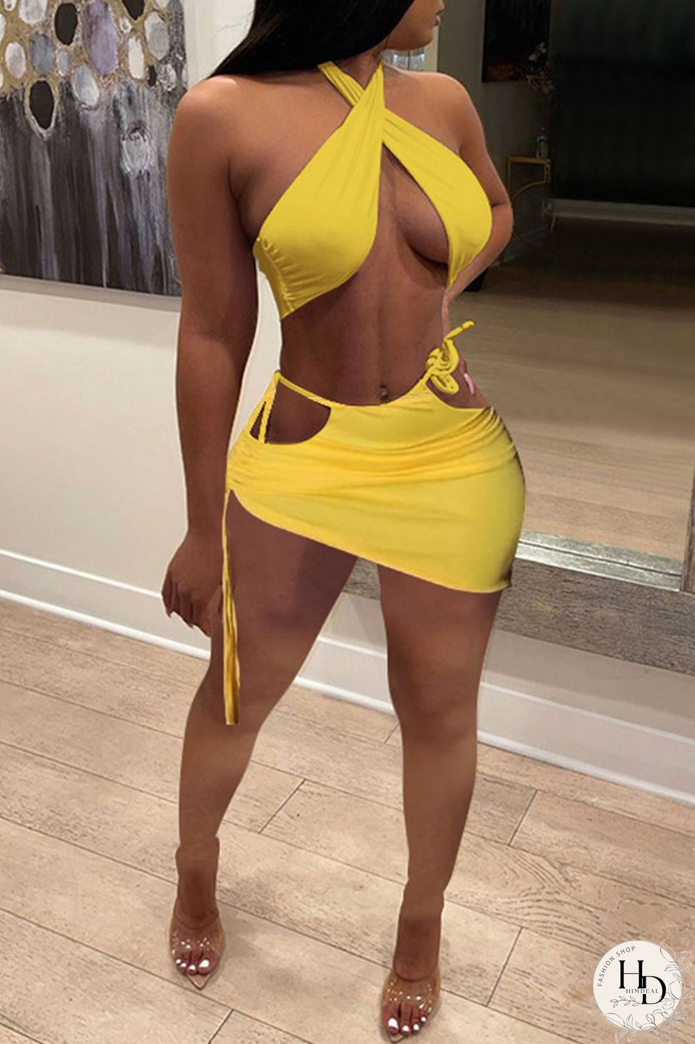 White Sexy Solid Bandage Draw String Backless Halter Sleeveless Two Pieces