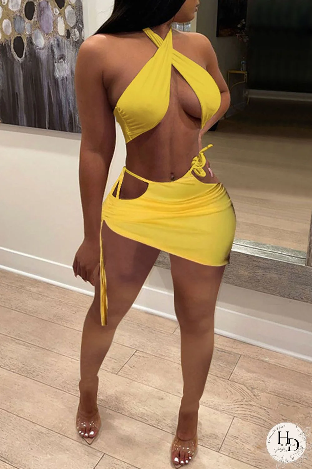 White Sexy Solid Bandage Draw String Backless Halter Sleeveless Two Pieces