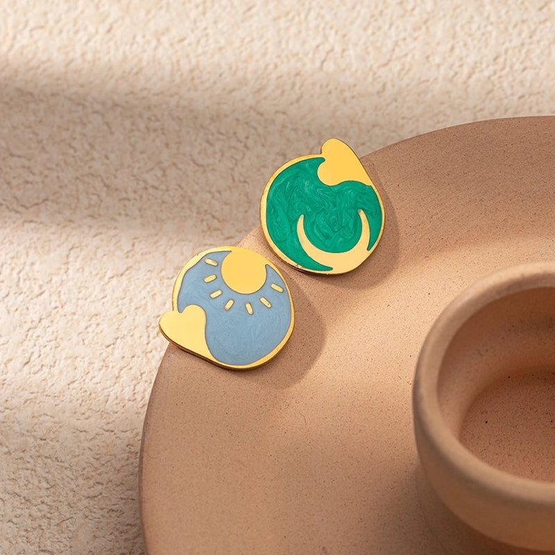 1 Pair Cute Minimalist Commute Sun Moon Heart Shape Enamel 304 Stainless Steel 14K Gold Plated Ear Studs
