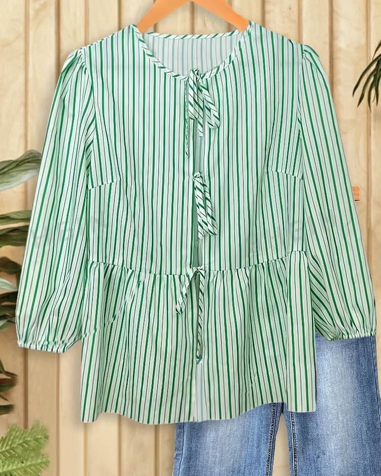 Striped Versatile Babydoll Lace-Up Peplum Blouse