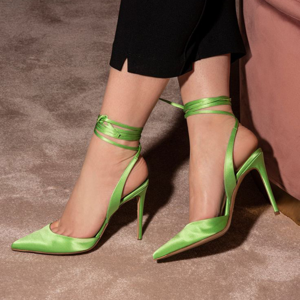 Green Satin Pointed Toe 4‘’ Stiletto Heel Lace Up Pumps Nicepairs