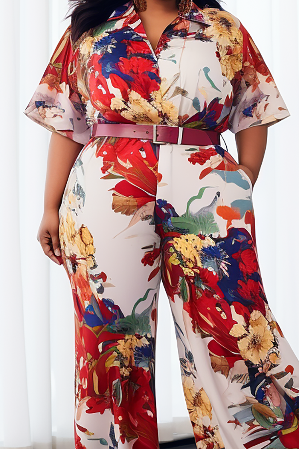 Design Plus Size Daily Red Floral Shirt Collar Short Sleeve Pocket Jumpsuits [Pre-Order]