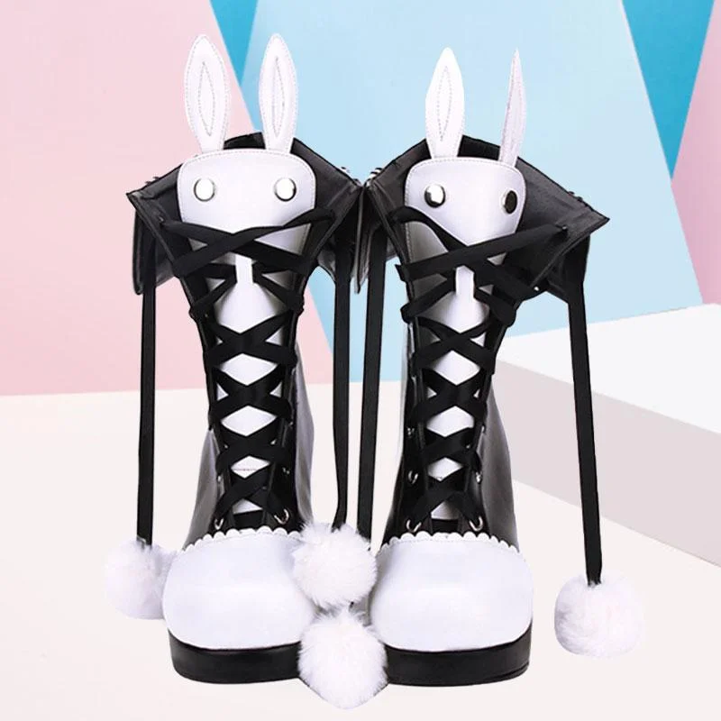 Kawaii Bunny Ears Lace-up Fuzzy Ball Collar High Heel Lolita Boots SP16564