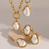 Large Pearl Golden Earrings Ring Necklace