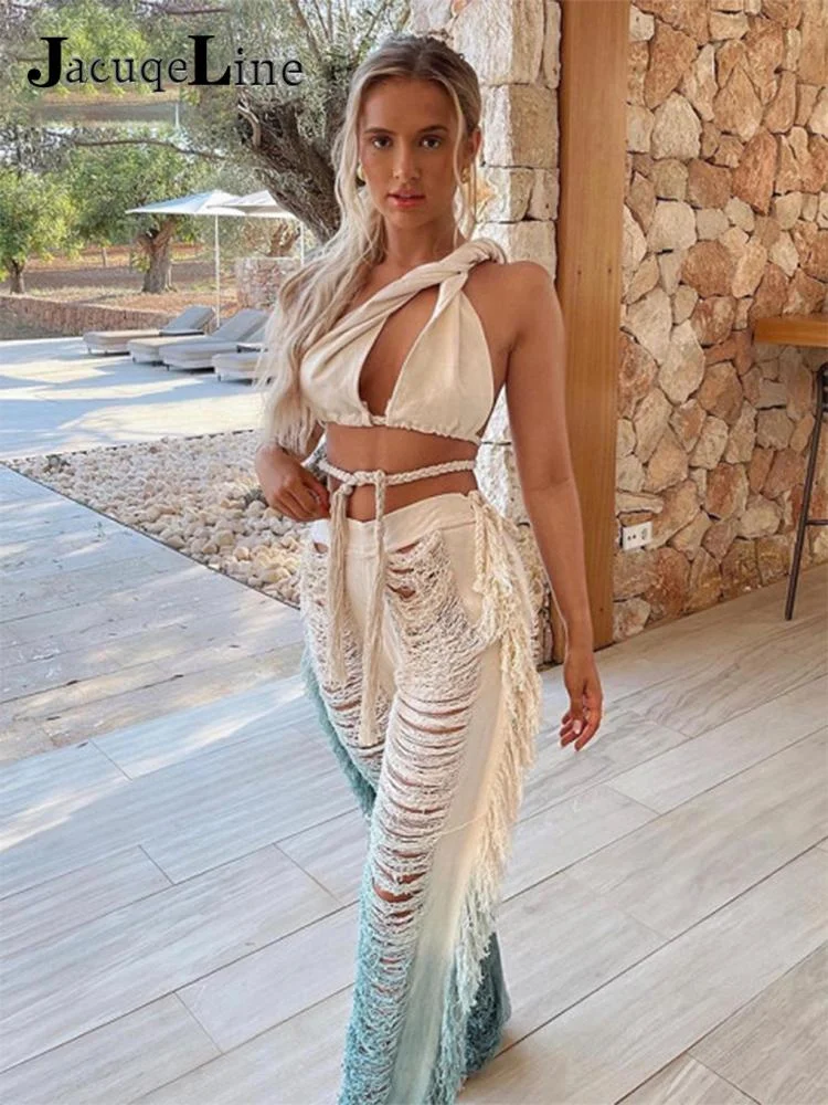 Jacuqeline Beach Sexy High Waist Y2K Wide Leg Pants Women Fashion Tassel Knit Sets Hollow Out Long Trousers And Tops 2022 Summer
