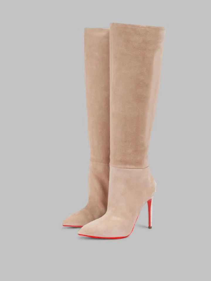 100mm Women's Stylish Zipper Pointed Toe Red Bottoms Suede Pumps High Heels Knee Boots