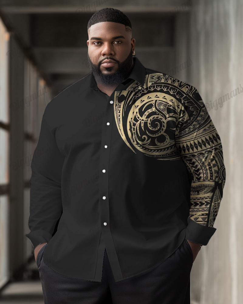 Men's Plus Size Polynesian Pullover Lapel Casual Long Sleeve Shirt